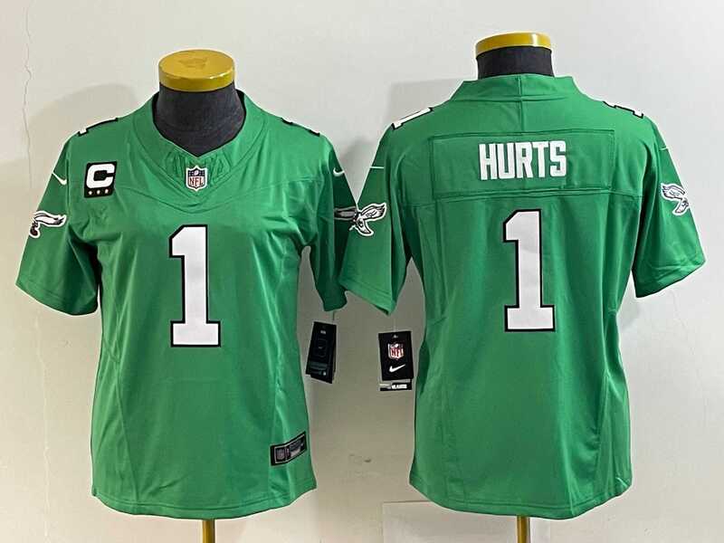 Womens Philadelphia Eagles #1 Jalen Hurts Green 2023 F.U.S.E. With C Patch Stitched Football Jersey(Run Small)